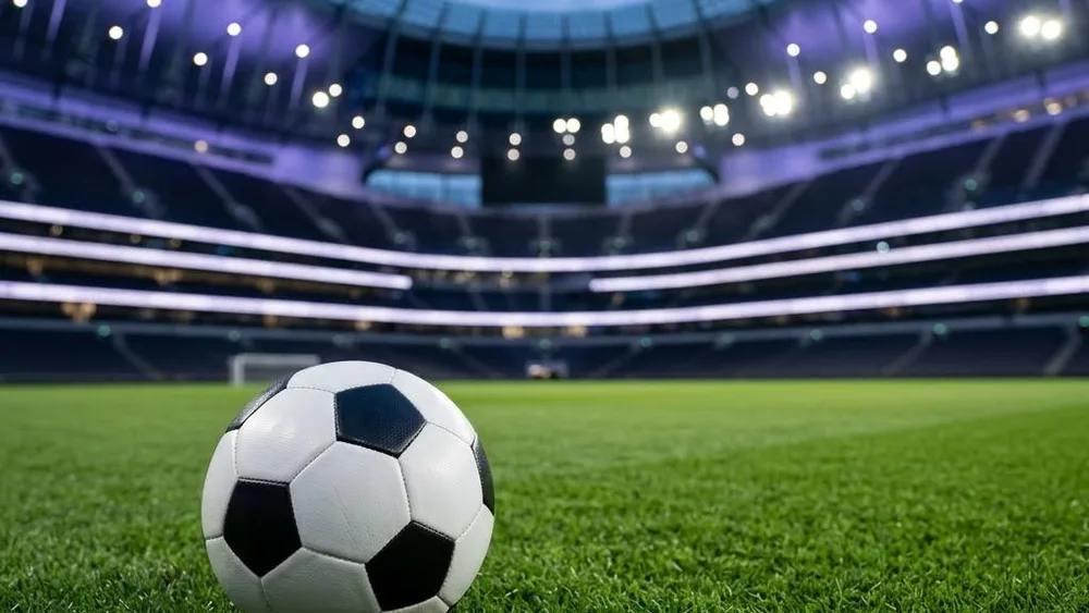 Editorial illustration of a football on a stadium pitch under blue evening lights
