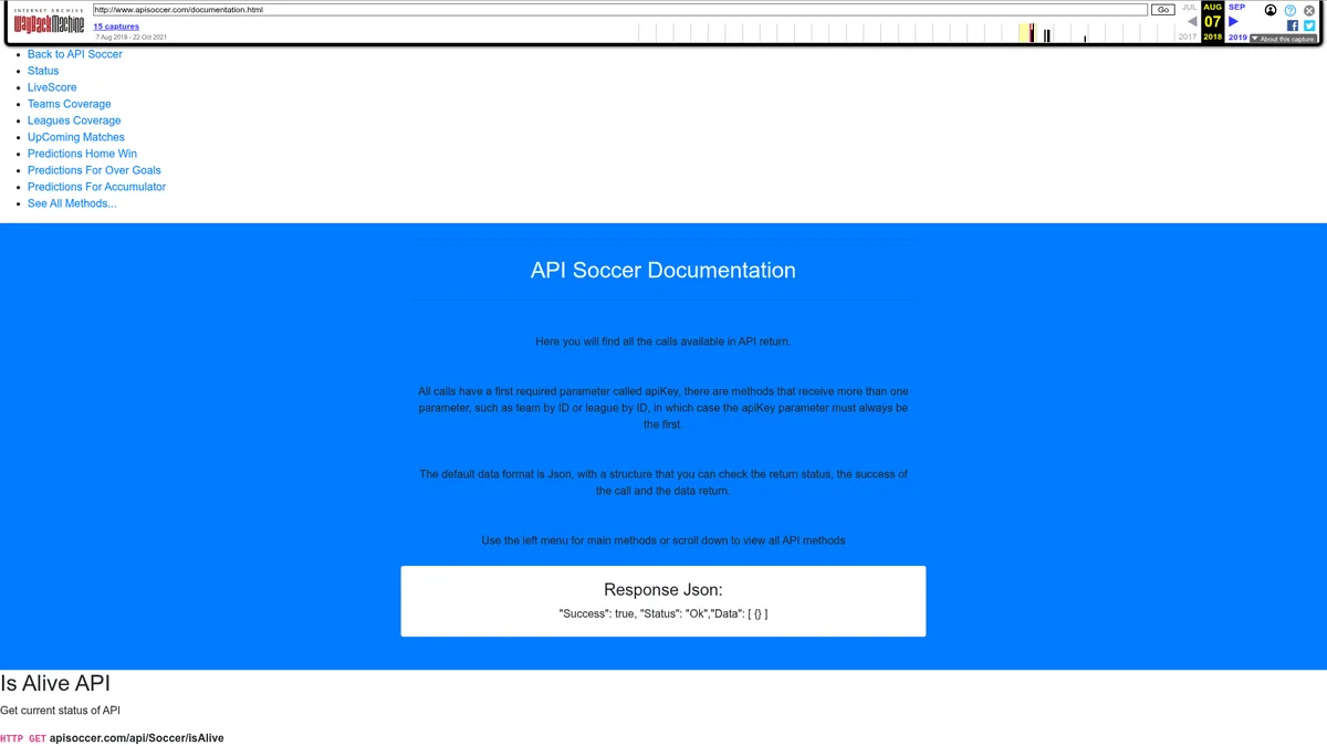 Wayback capture of API Soccer’s official 2018 developer documentation