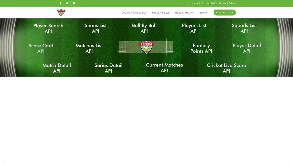 Official Cricket Data API homepage and endpoint overview