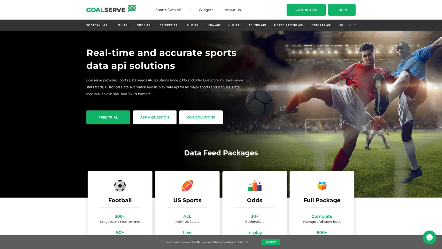 Goalserve official homepage showing sports data feed packages
