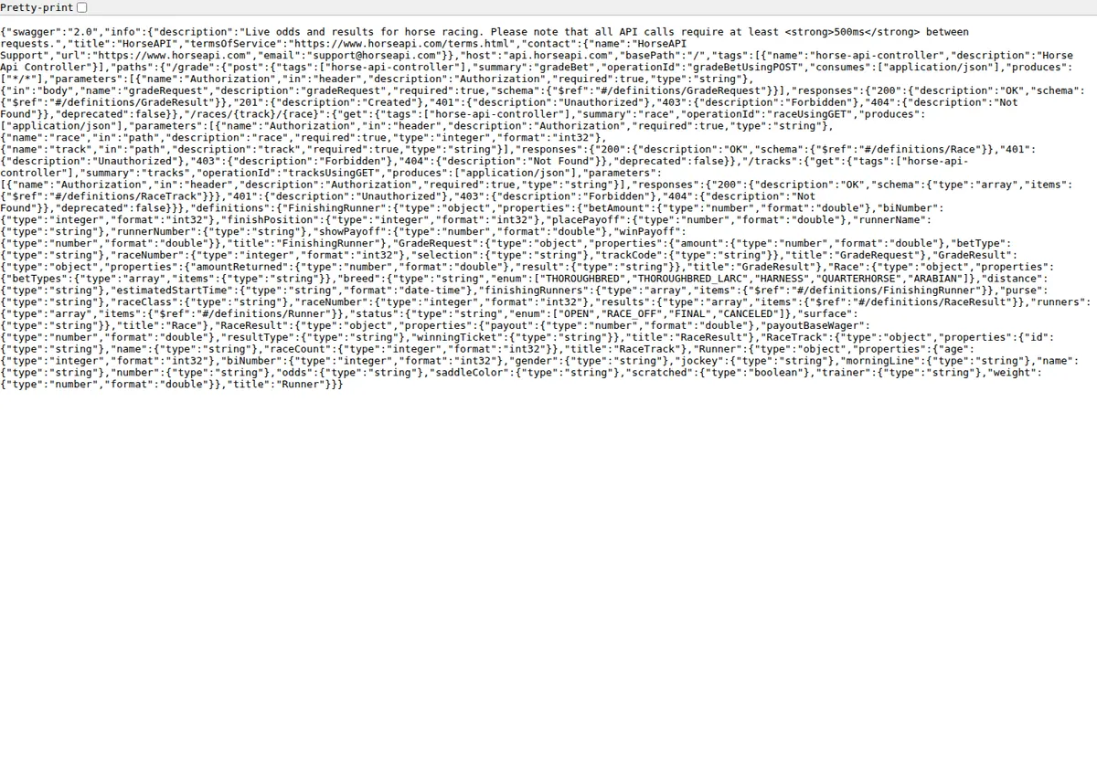 HorseAPI official API specification rendered as JSON, including declared schemas and routes