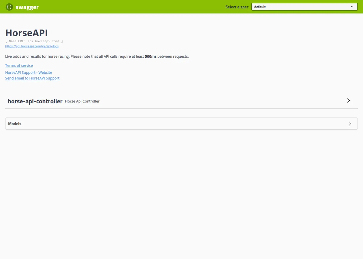 HorseAPI official Swagger UI product page with API description and route categories