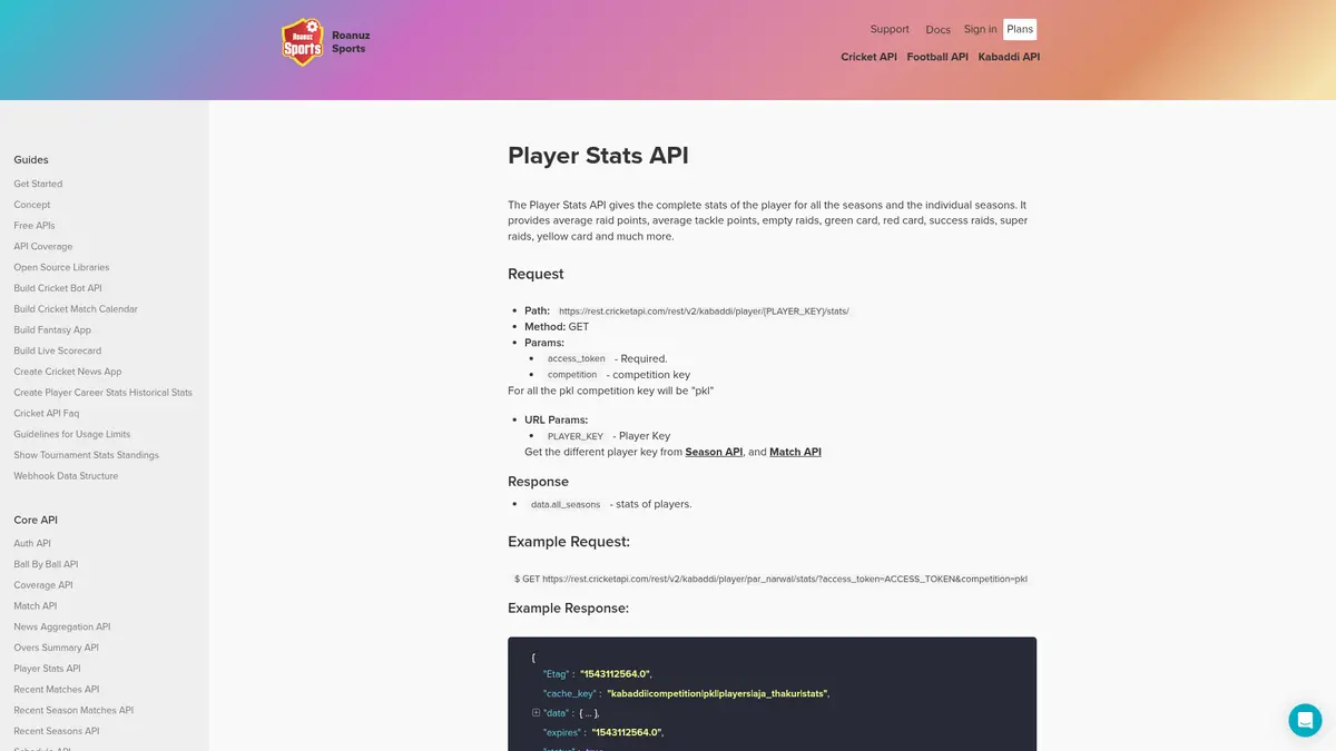 Roanuz Sports Kabaddi player statistics documentation