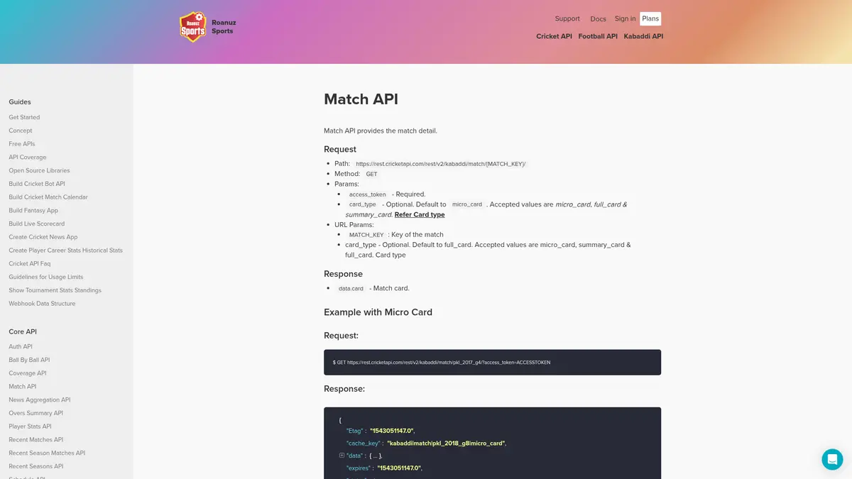 Roanuz Sports Kabaddi match API official documentation
