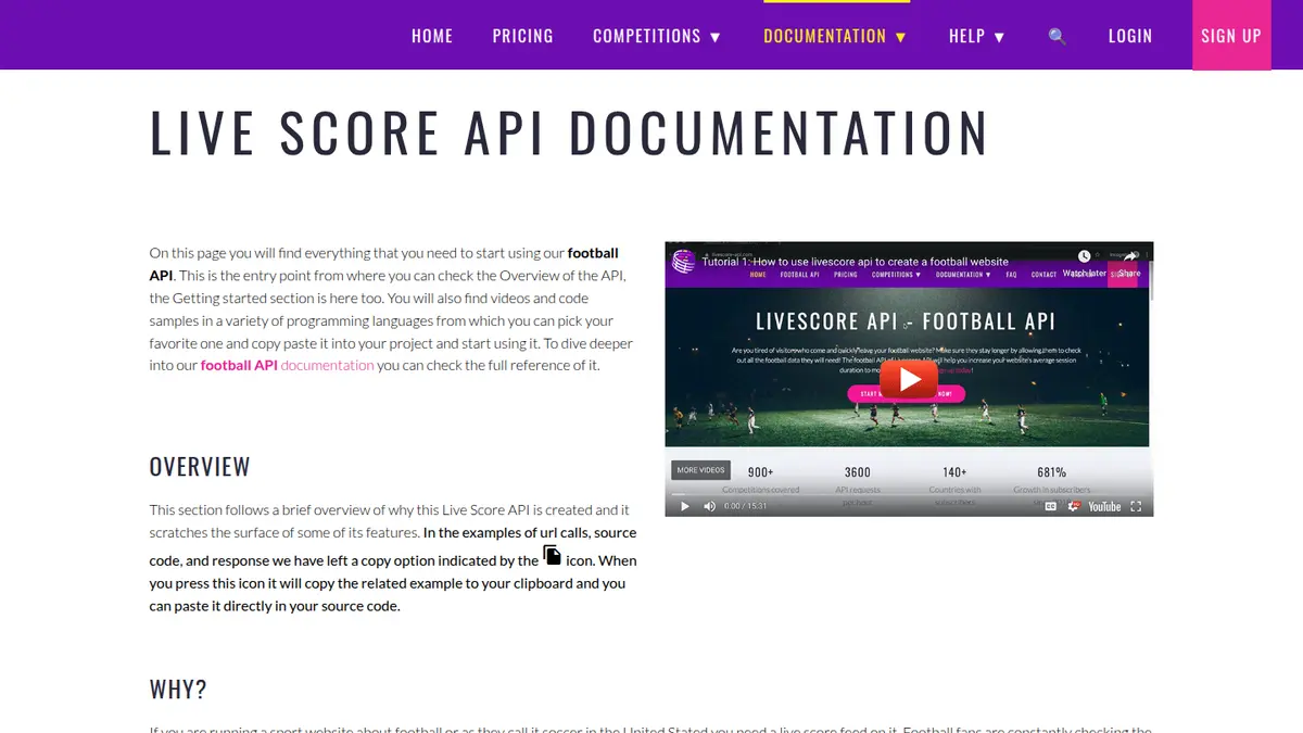 Live Score API official documentation page