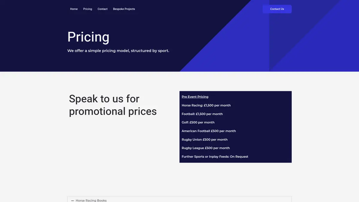 OddsHawk pricing page with pre-event sport feed categories