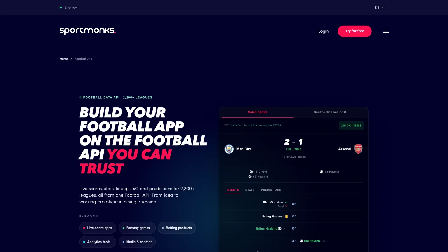 Sportmonks Football API product page with a match-centre example