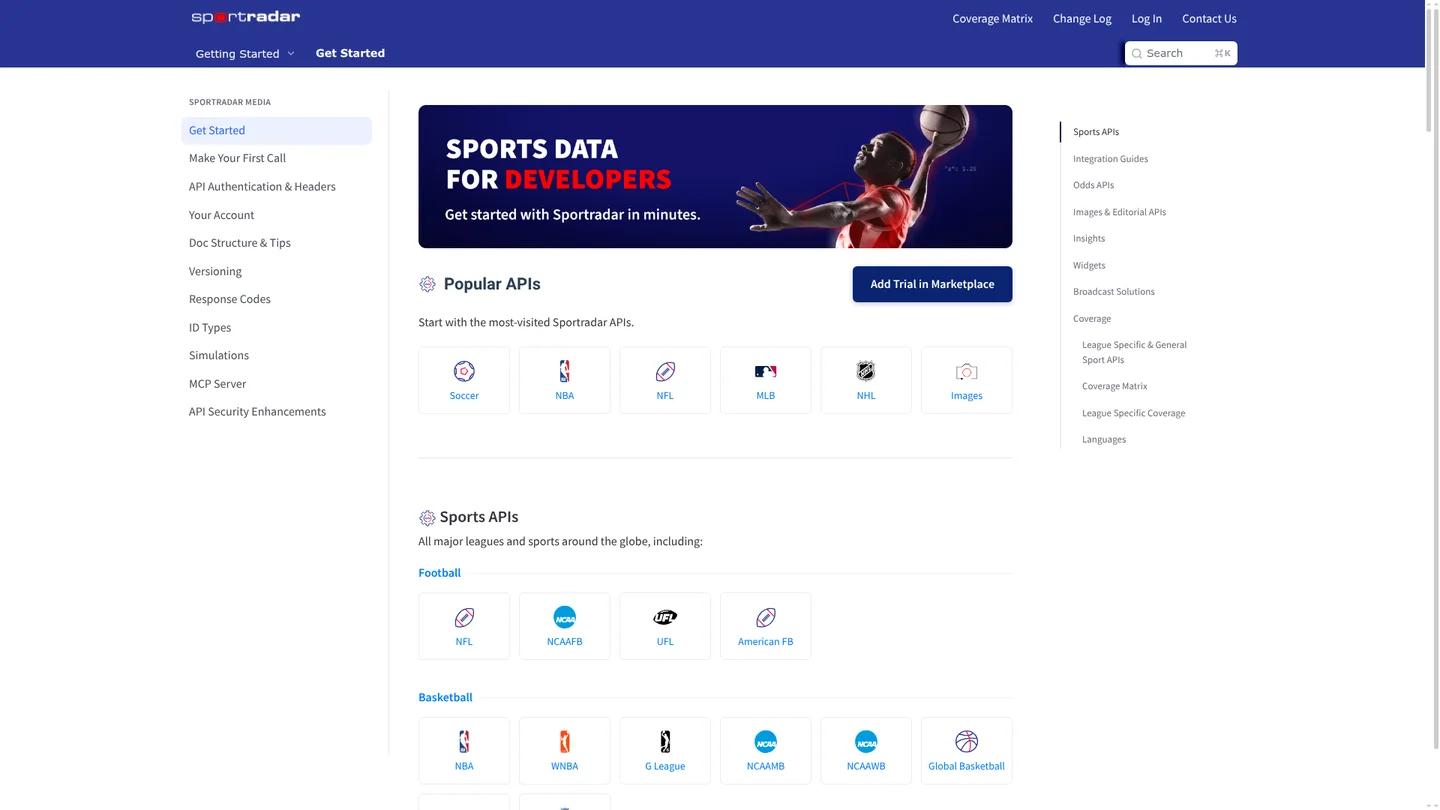 Sportradar developer portal with sports API catalogue and trial entry