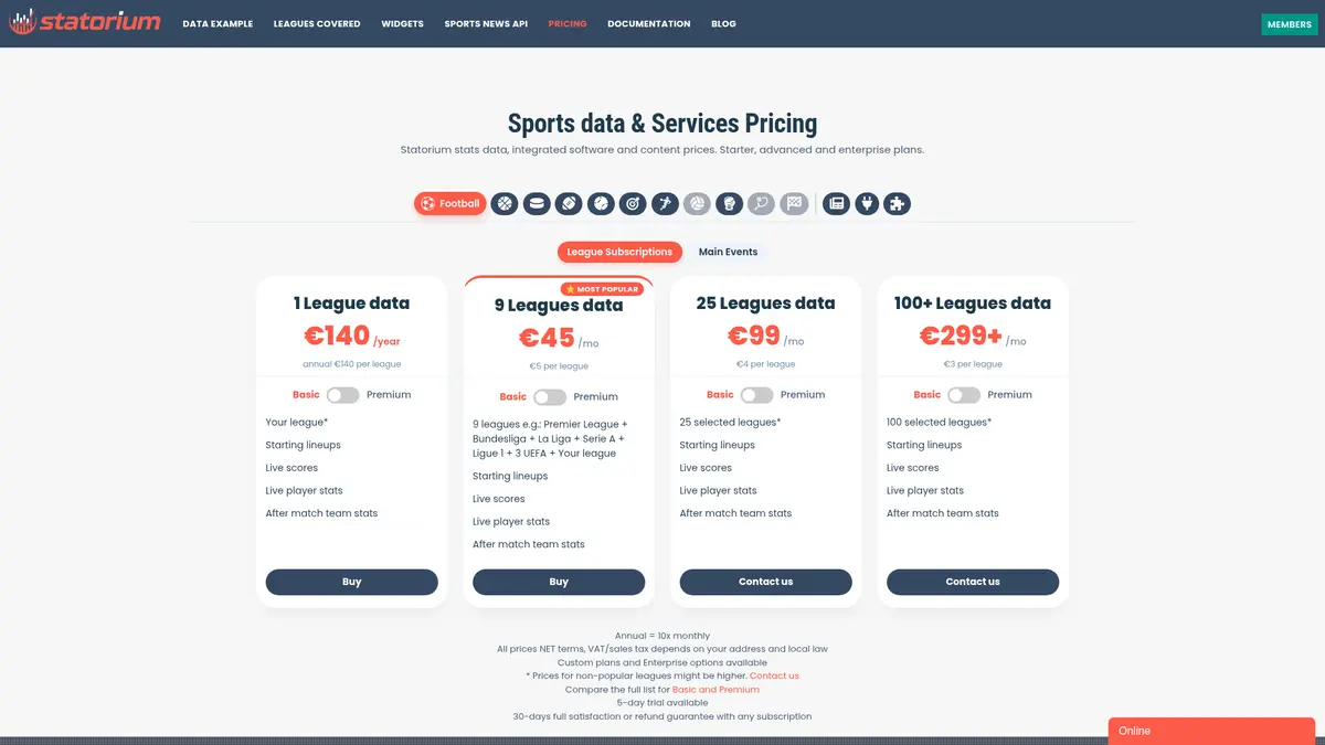 Statorium official pricing and league subscription page