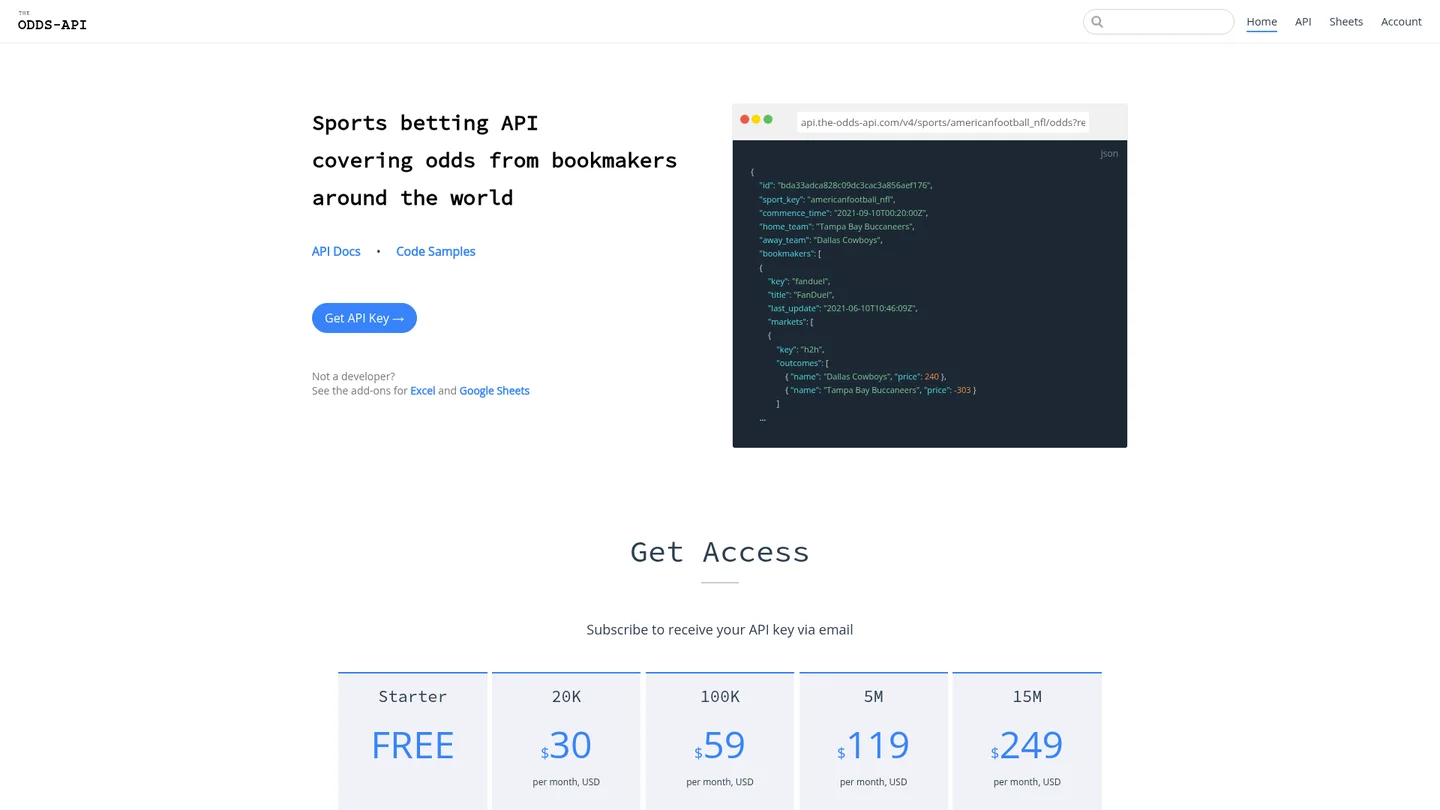 The Odds API homepage showing JSON bookmaker odds and access plans