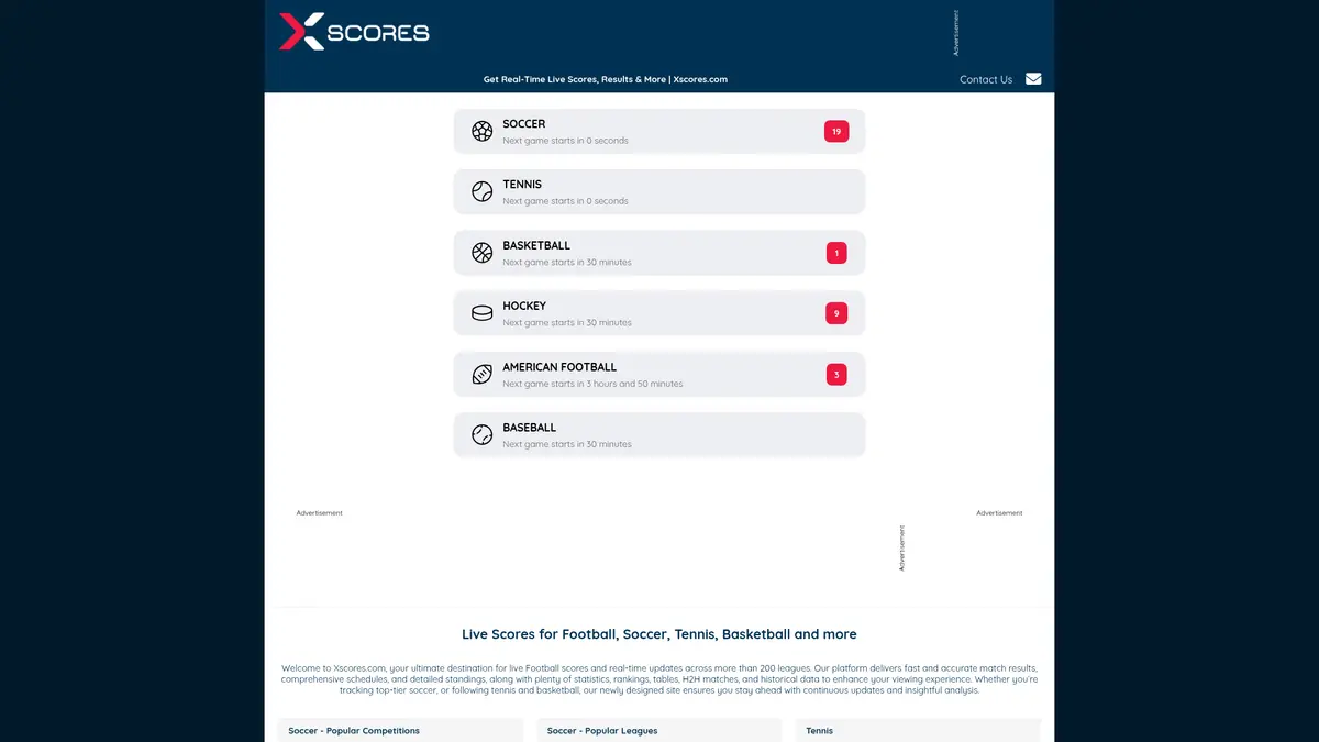Official XScores homepage displaying the multi-sport live-score directory